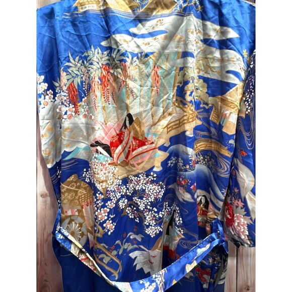 Vintage Ichi Ban Japanese Kimono Robe With Scenic Print & Tie Belt - Size 42 - Picture 7 of 14